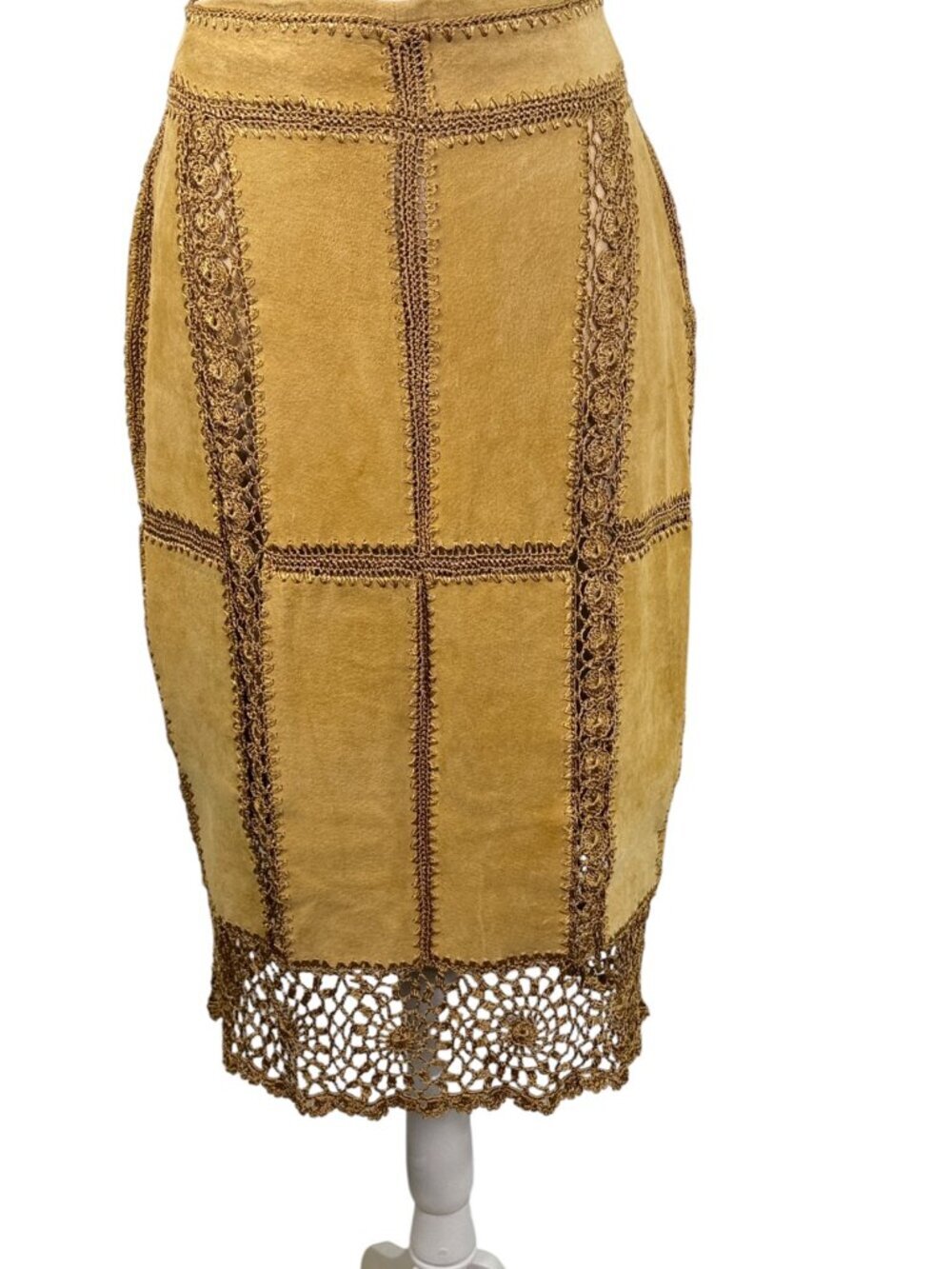 Vintage IDI by Matthew Camel Leather Crochet Trim Midi Pencil Skirt | Size L - Picture 2 of 10